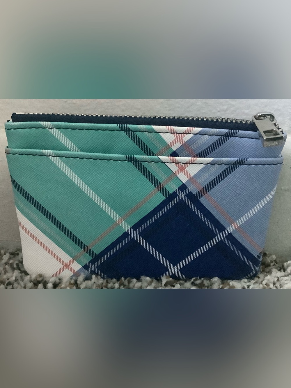 Plaid Zip Pouch Wallet in Teal & Navy